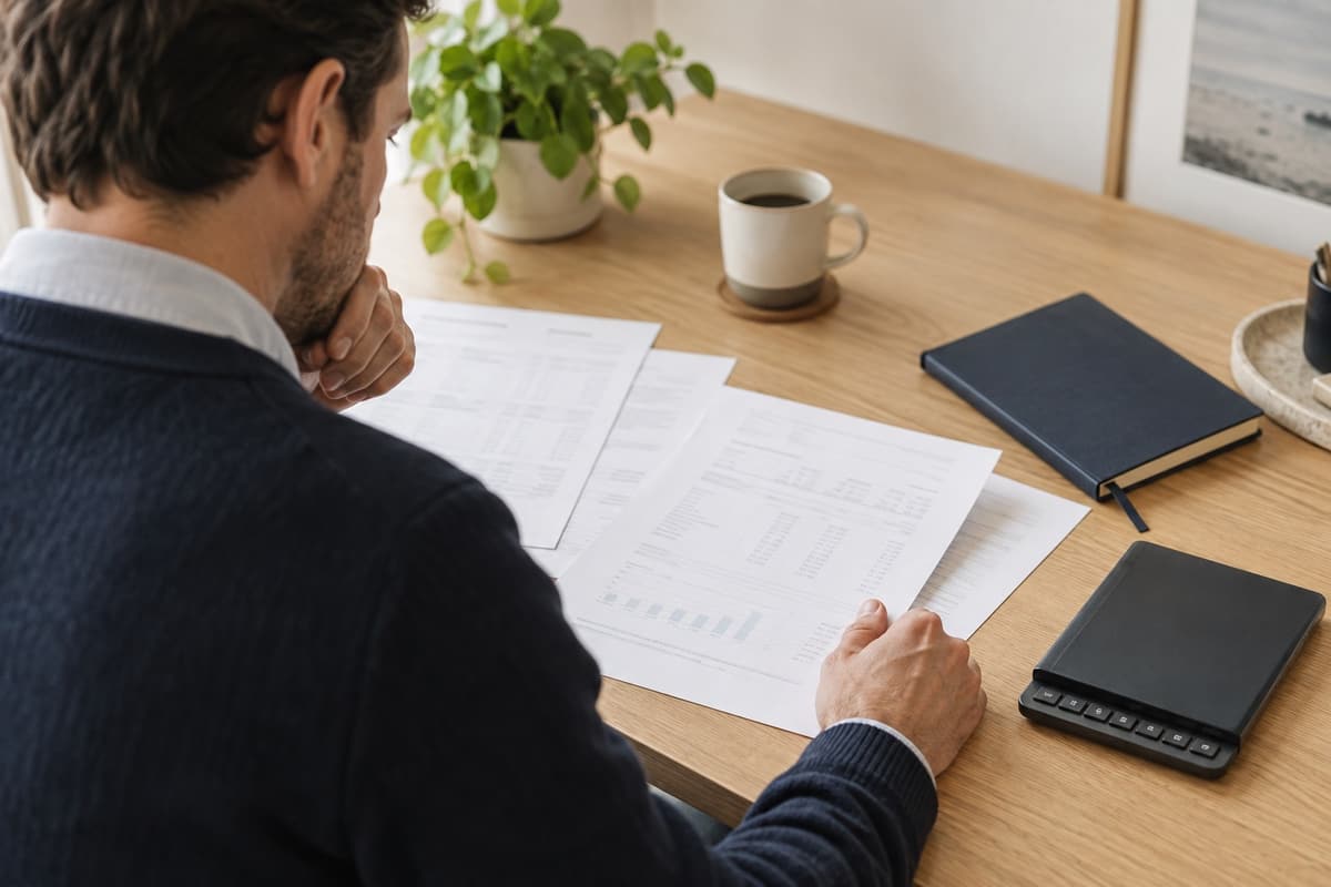 Printed financial reports being reviewed at a desk