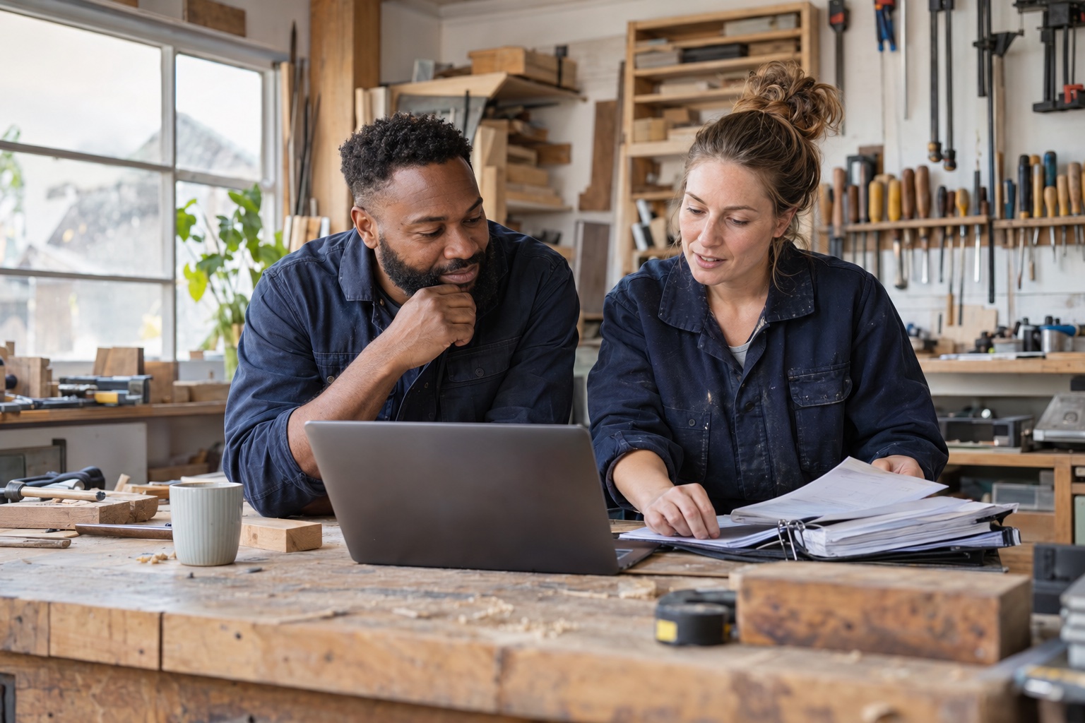 Carpentry business owners reviewing their records in a workshop