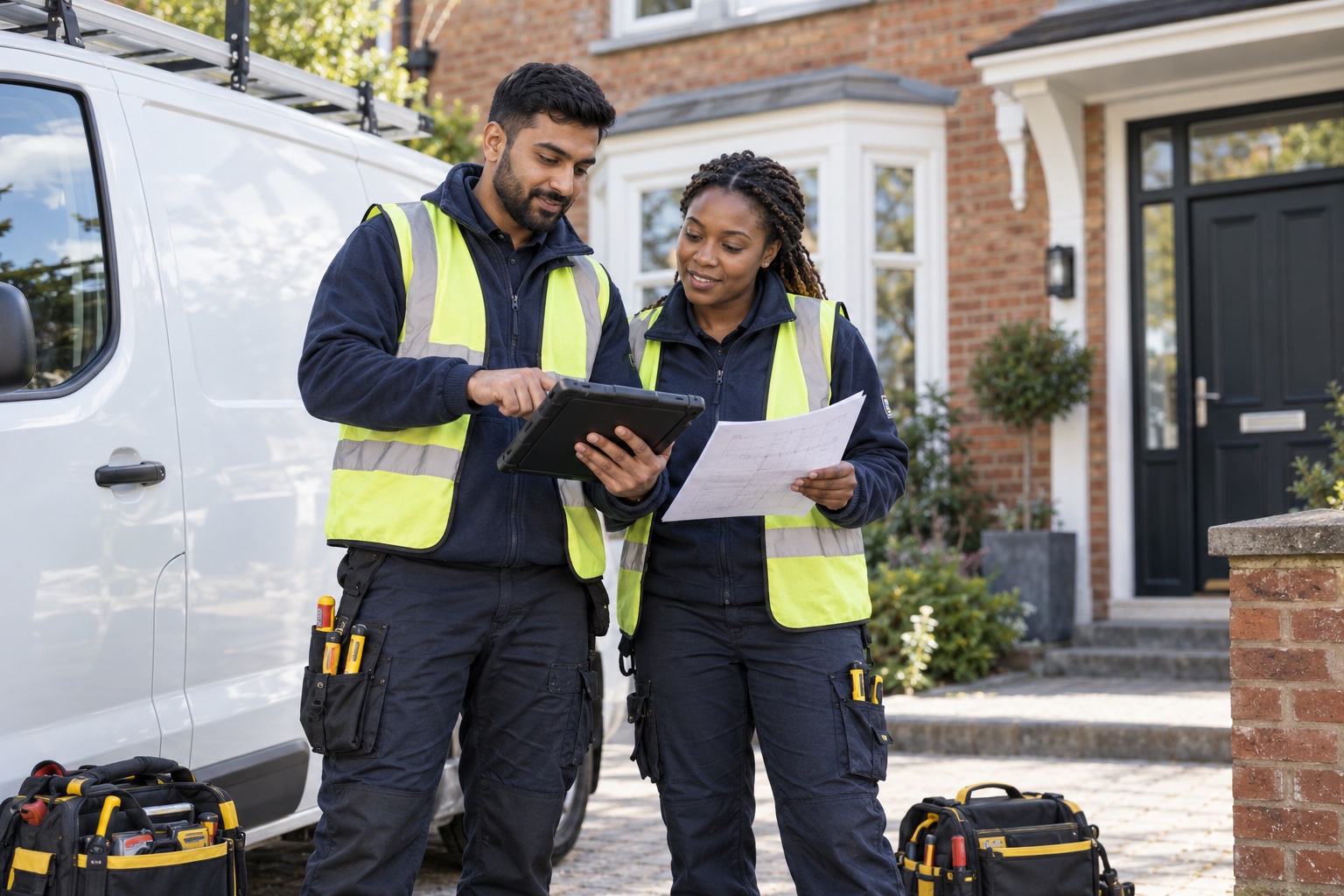 Electricians reviewing a job schedule beside their work van